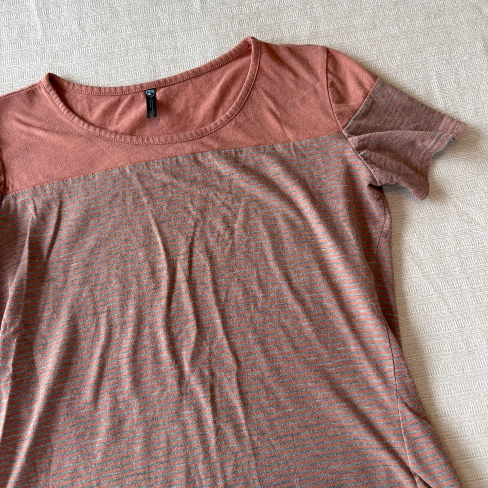 KUHL Womens Short Sleeve Striped‎ Tee Dusty Rose Grey Crew Neck Size S